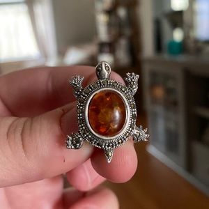 Sterling, amber and pyrite turtle brooch.